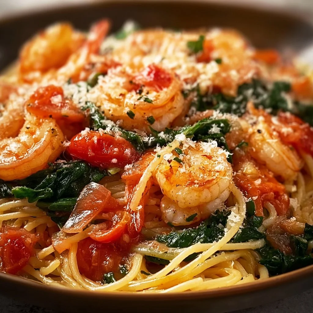 Tomato Spinach Shrimp Pasta | CookedByMomy