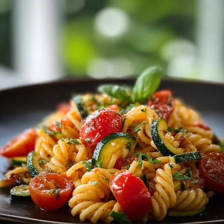 A bowl of Tomato Zucchini Pasta topped with fresh basil and grated Parmesan cheese.