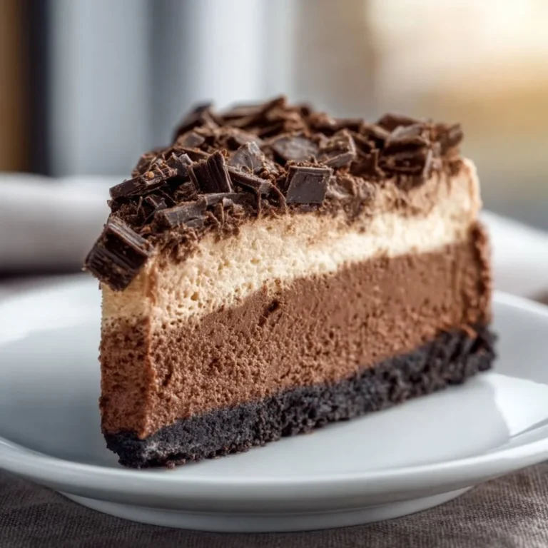 Delicious slice of triple chocolate cheesecake garnished with chocolate shavings.