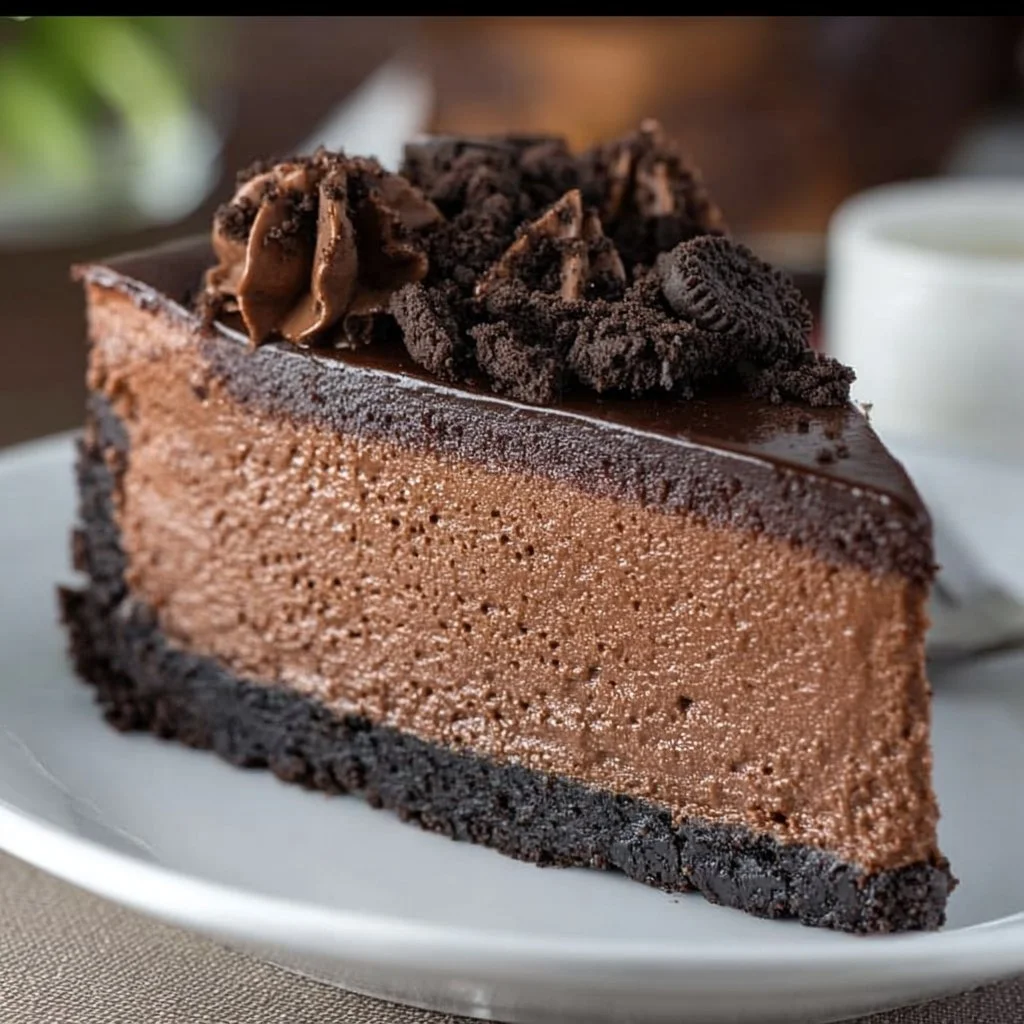 Triple chocolate cheesecake with Oreo crust on a dessert plate