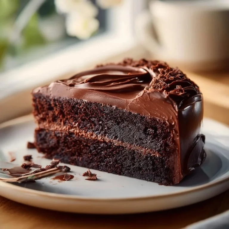 Decadent ultimate chocolate fudge cake topped with rich chocolate glaze