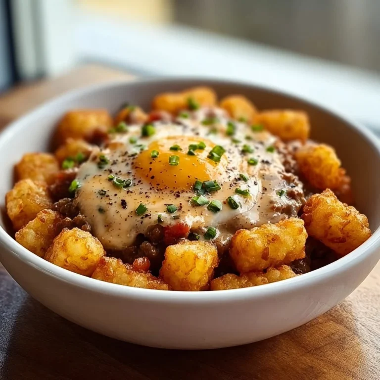 Delicious ultimate tater tot breakfast bowl topped with eggs and toppings