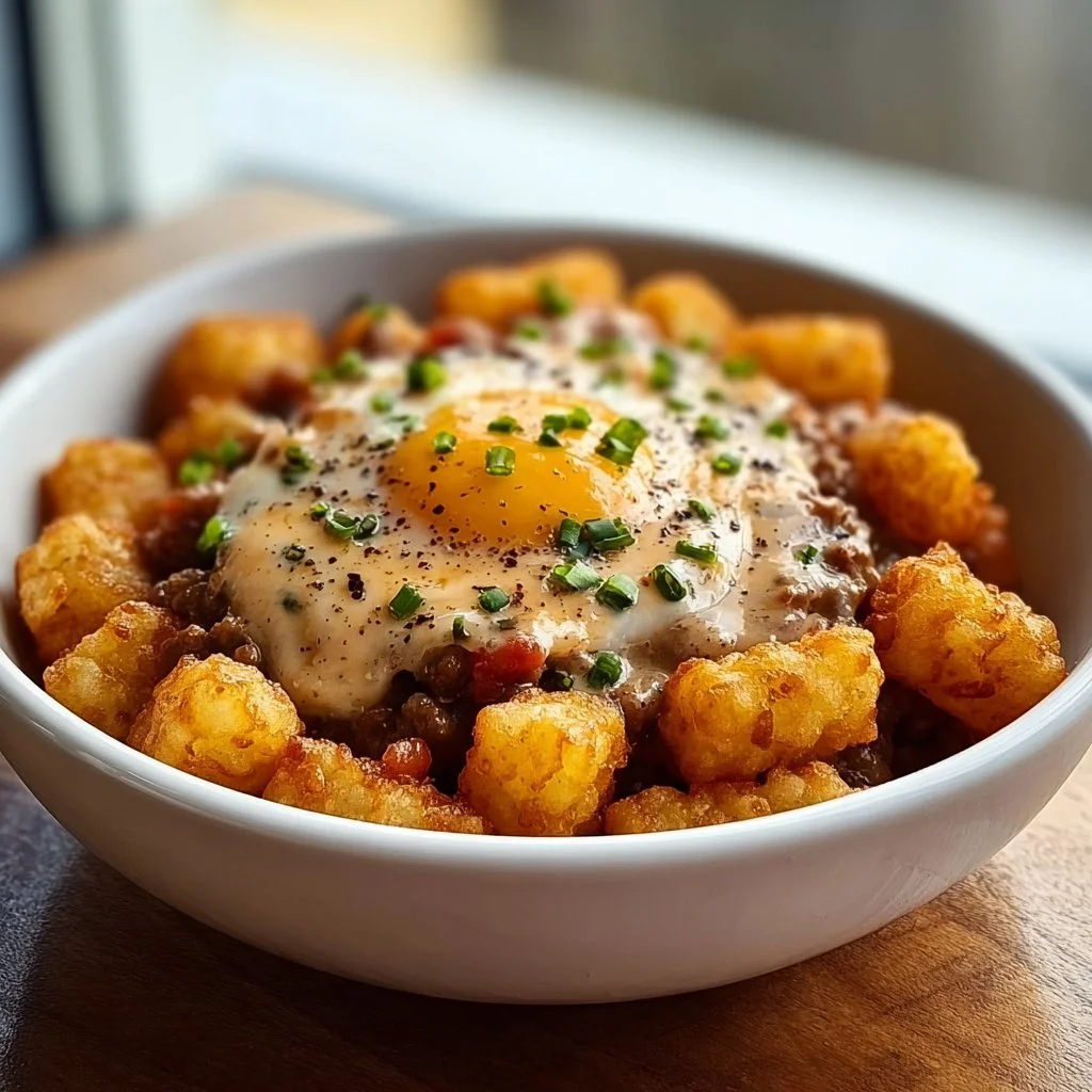 Delicious ultimate tater tot breakfast bowl topped with eggs and toppings