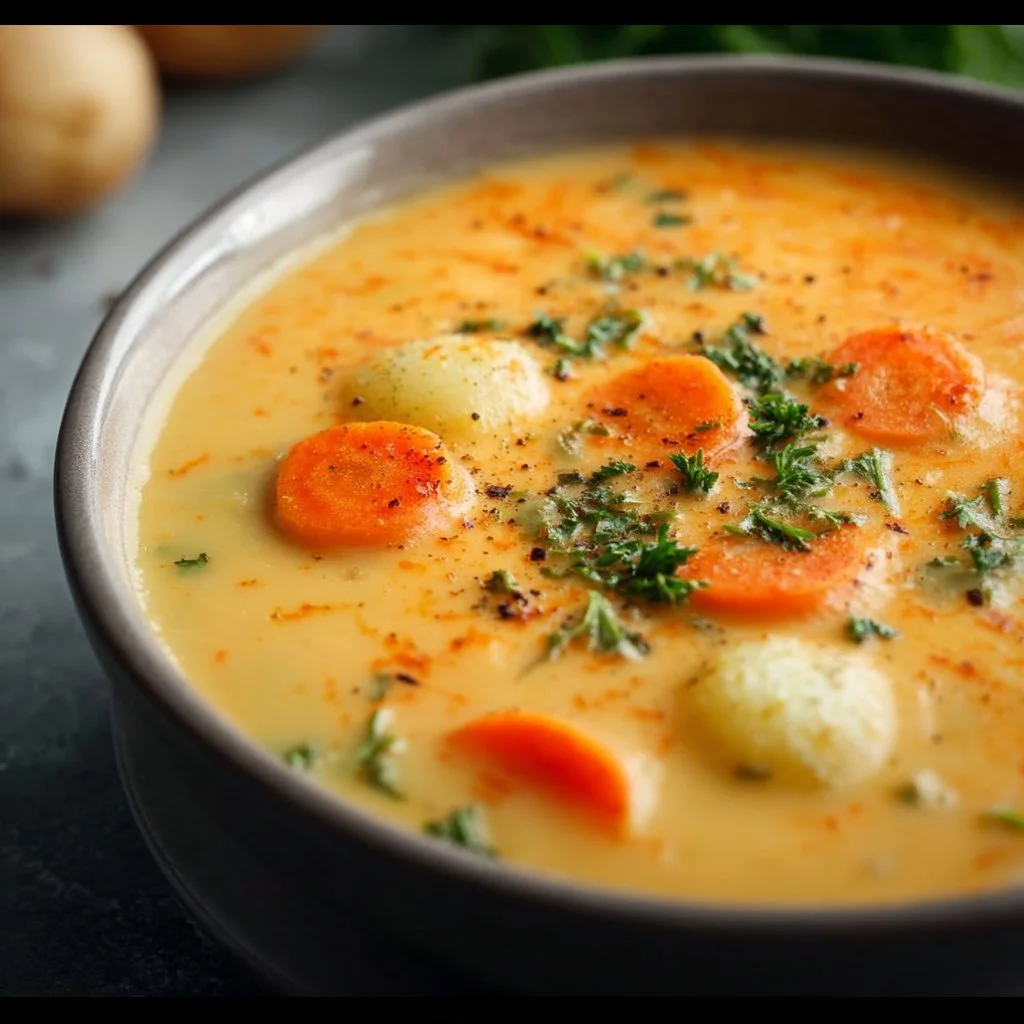 Vegan carrot potato soup served in a bowl with fresh herbs