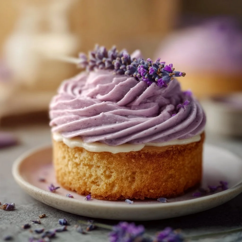 Delicious Vegan Lavender Buttercream spread on a cupcake