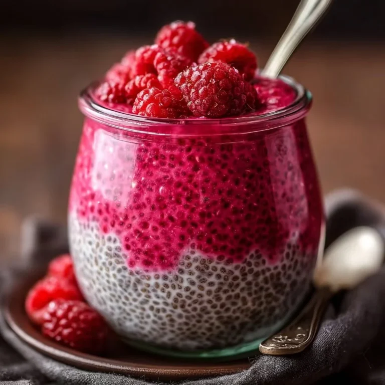 Vegan Raspberry Chia Pudding served in a glass with fresh raspberries on top.