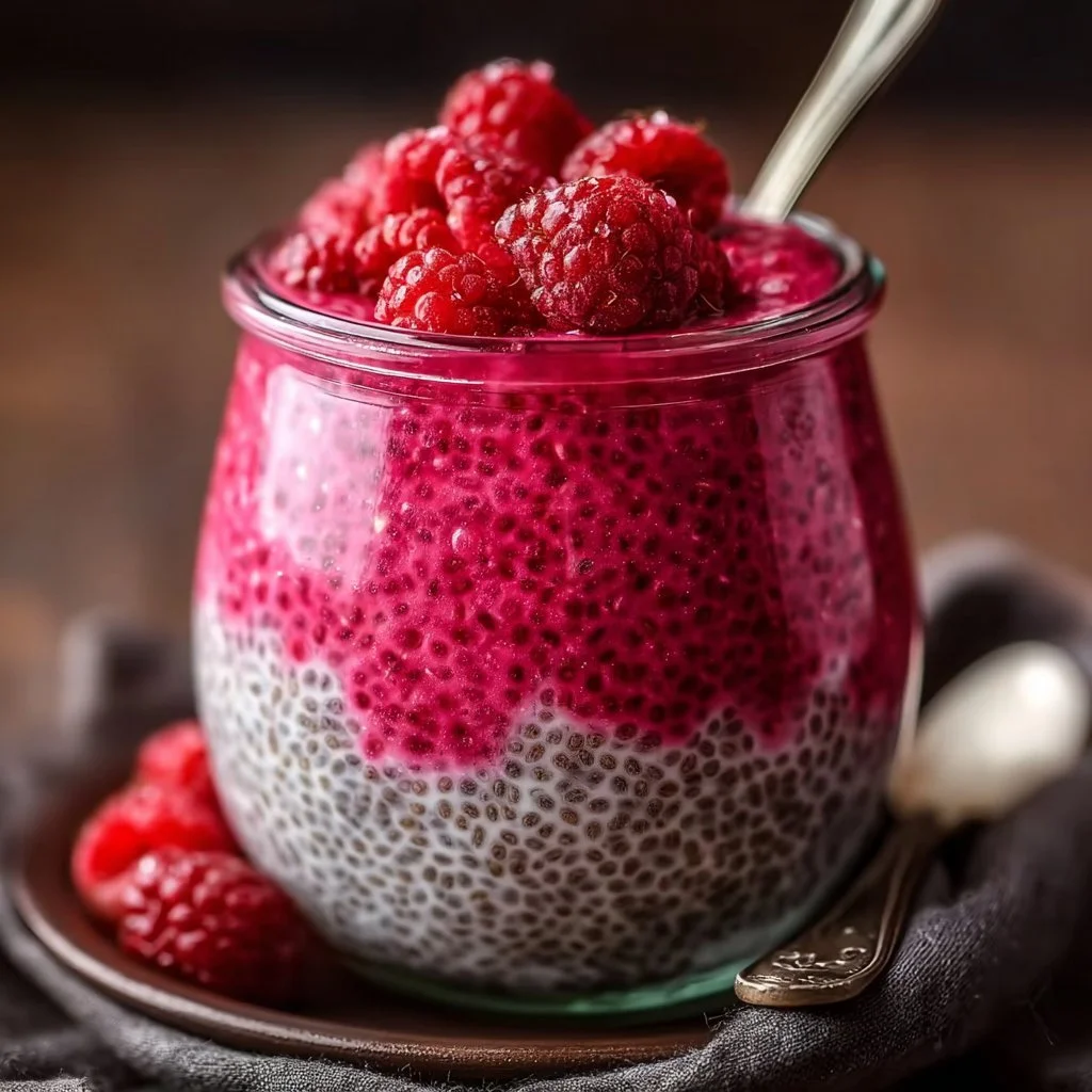 Vegan Raspberry Chia Pudding served in a glass with fresh raspberries on top.