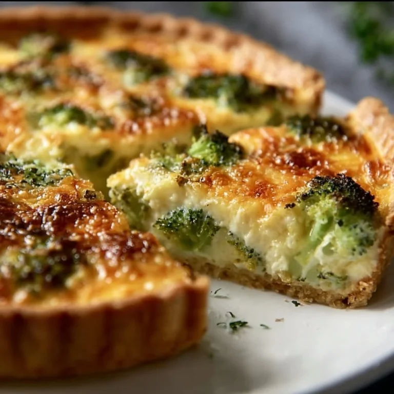 Vegetarian broccoli cheddar quiche with flaky crust and vibrant green broccoli