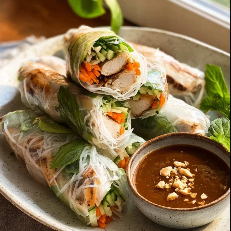 Vietnamese summer rolls with chicken, fresh ingredients, and vibrant presentation