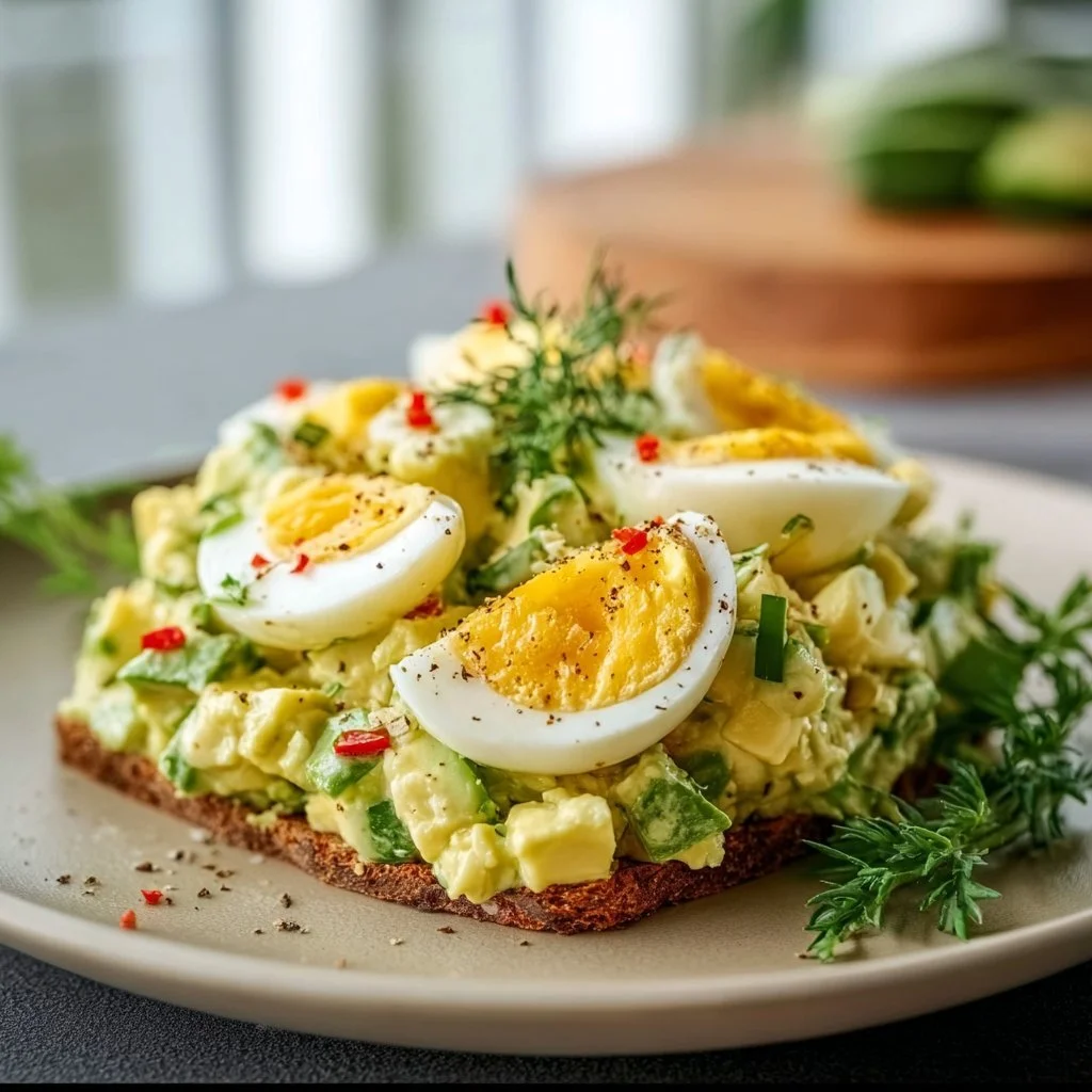 Zesty avocado egg salad served in a bowl with garnishes.