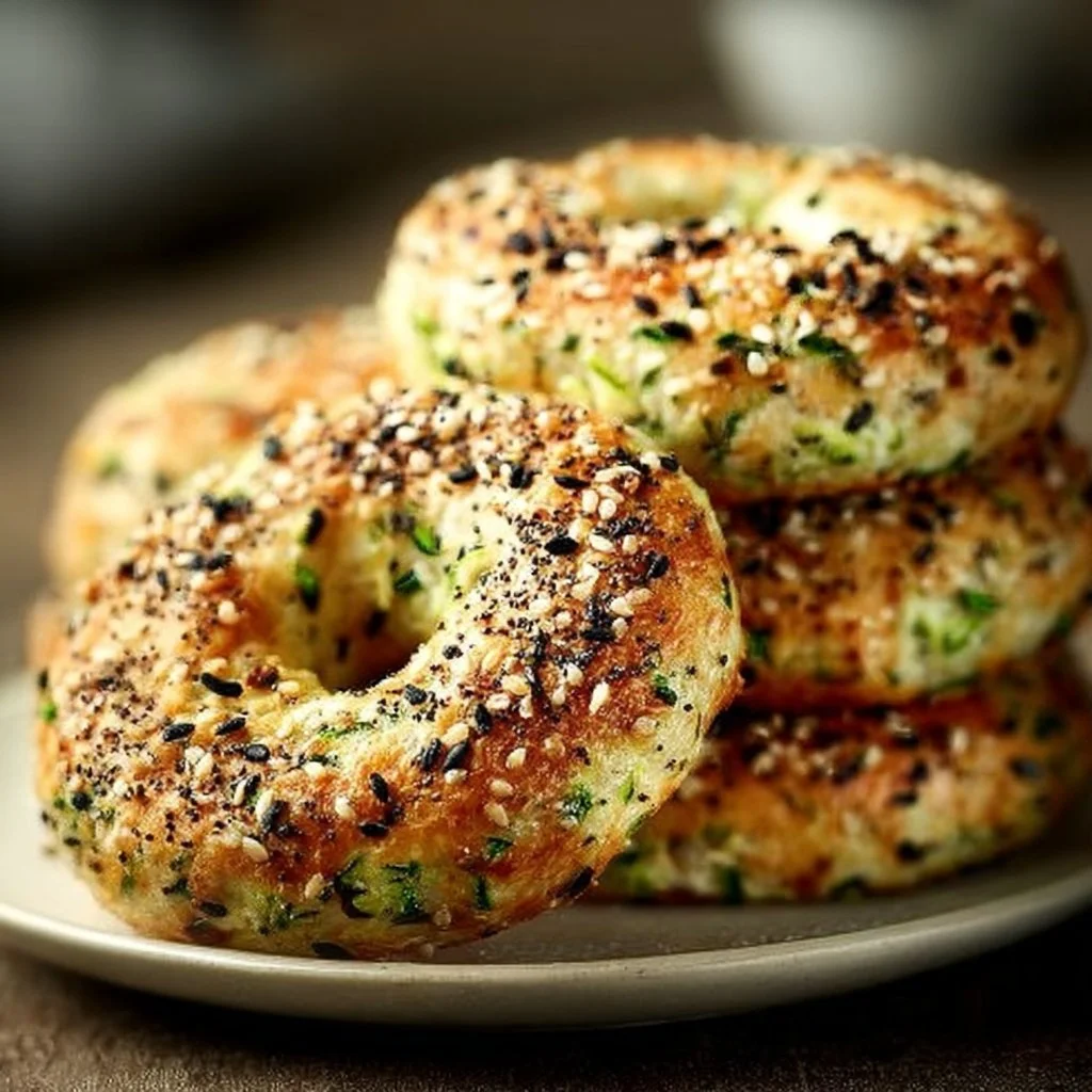 Freshly baked zucchini bagels on a wooden table.