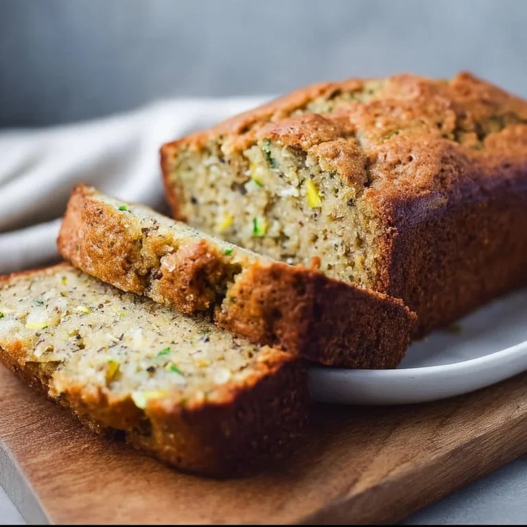 Loaf of freshly baked Zucchini Banana Bread on a wooden cutting board.