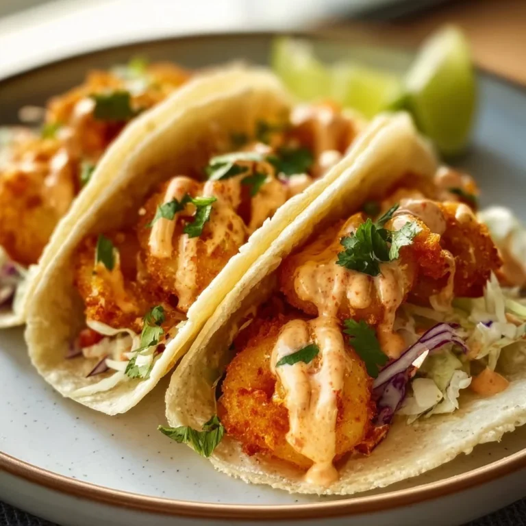 Air Fryer Bang Bang Shrimp Tacos topped with spicy sauce and fresh toppings
