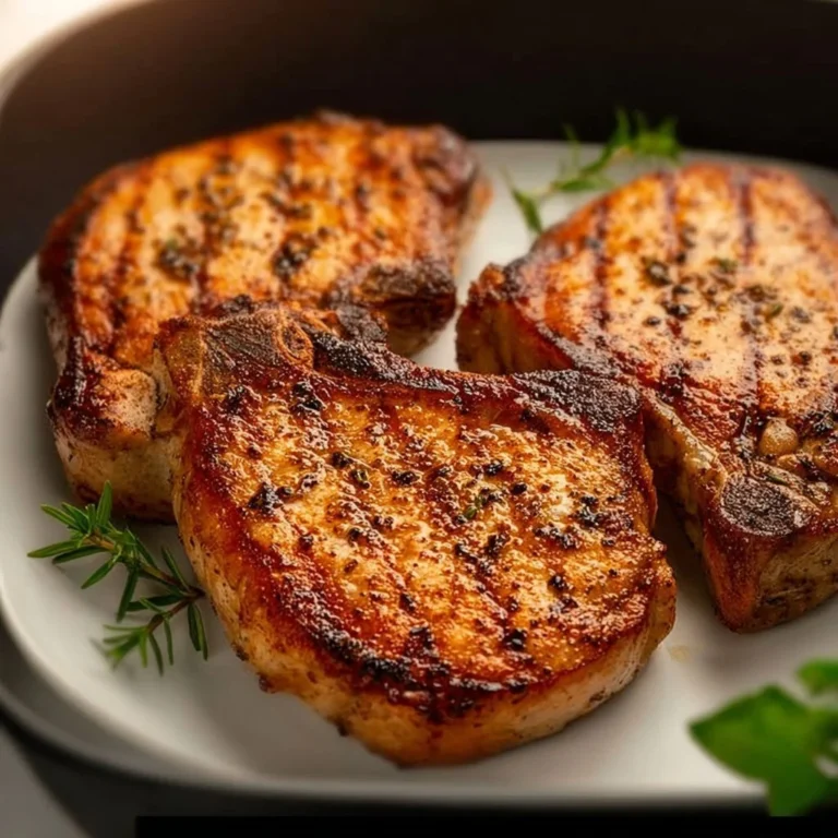 Crispy air fryer pork chops served on a plate with herbs