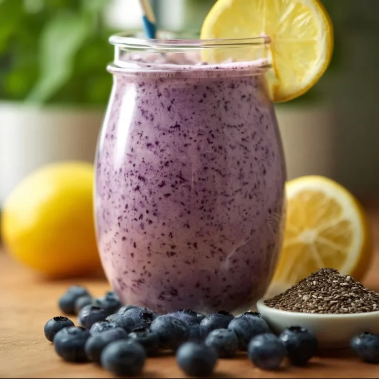 Delicious anti-inflammatory lemon blueberry smoothie in a glass with fresh ingredients.