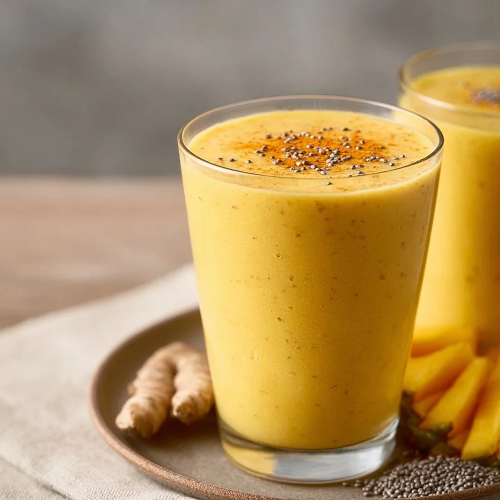 Anti-inflammatory pineapple banana turmeric smoothie in a glass with fresh fruits