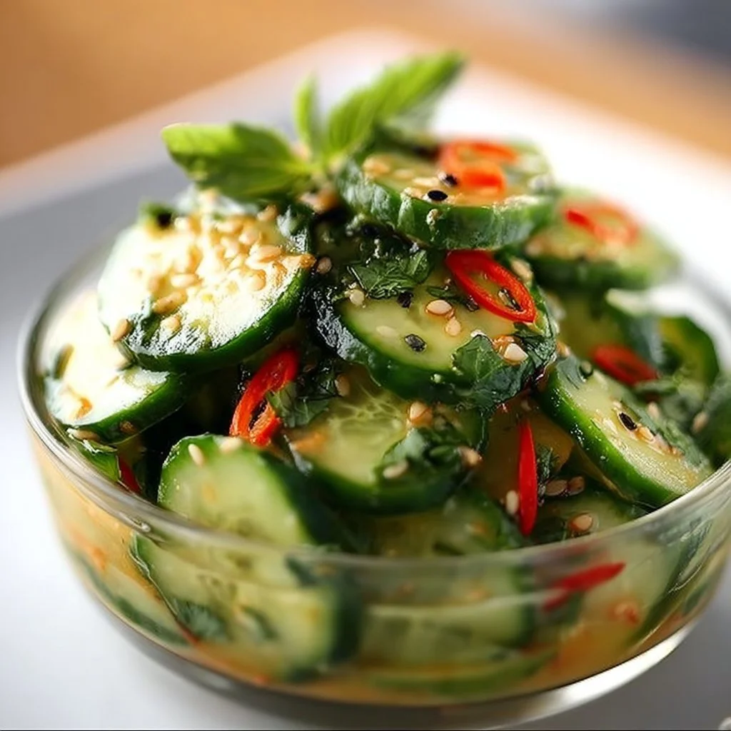 Colorful Asian cucumber salad with fresh vegetables and dressing
