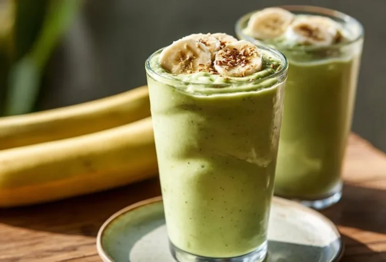 Avocado banana smoothie served in a glass with fresh ingredients around it