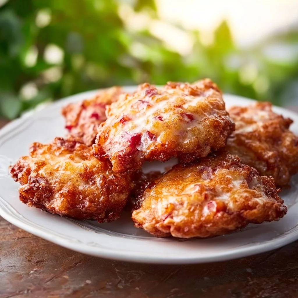 Baked Rhubarb Fritters served on a plate with fresh rhubarb and powdered sugar