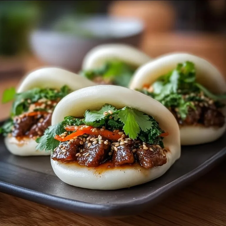 Homemade beef bao buns served on a plate with dipping sauce.