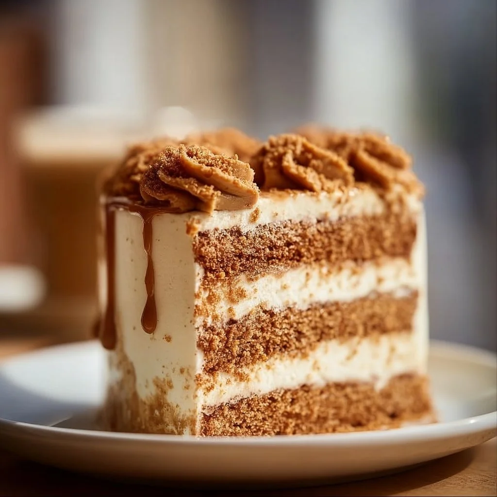 Deliciously layered Biscoff Cake topped with caramel and cookie crumbles