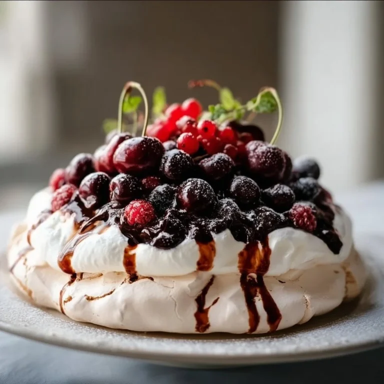 Delicious Black Forest Pavlova topped with cherries and whipped cream