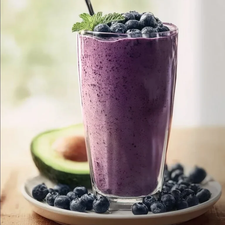 Blueberry Avocado Smoothie in a glass with fresh blueberries and avocado slices