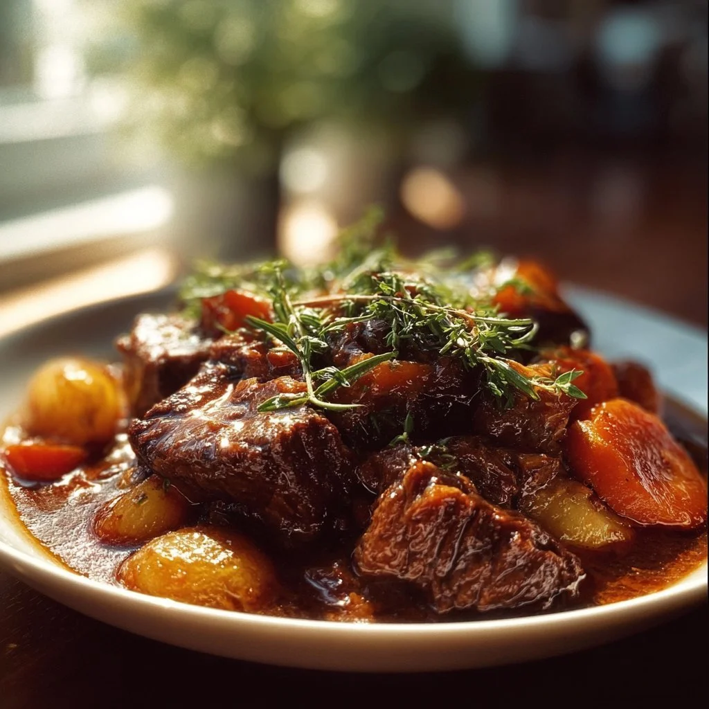 Deliciously braised meat served with vegetables on a plate