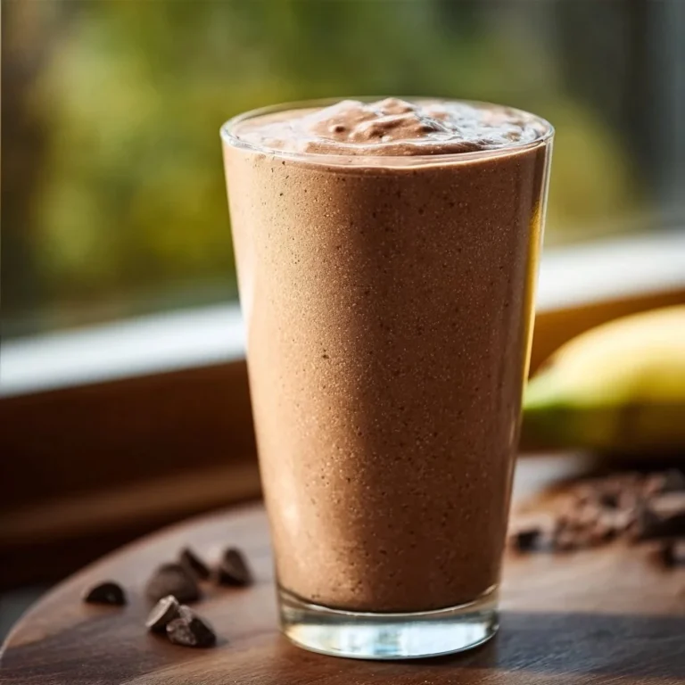 Delicious Brownie Batter Protein Shake in a glass topped with chocolate drizzle
