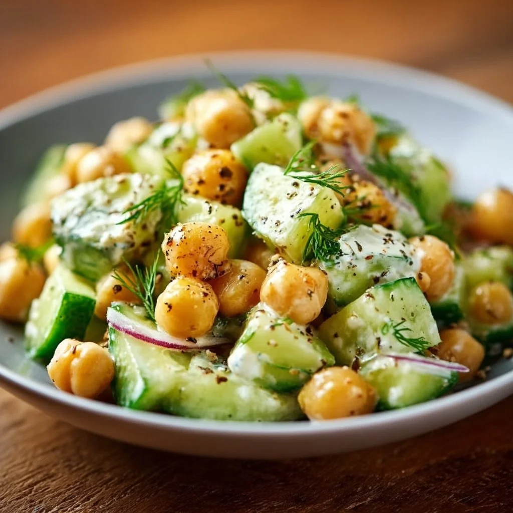 Chickpea and cucumber salad in a bowl garnished with herbs