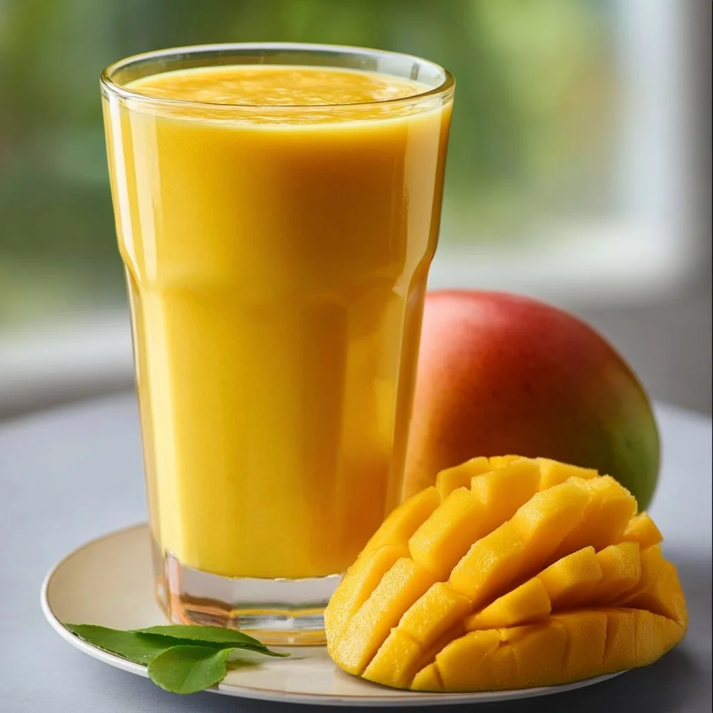 Chilled mango smoothie served in a glass, garnished with fresh fruits.