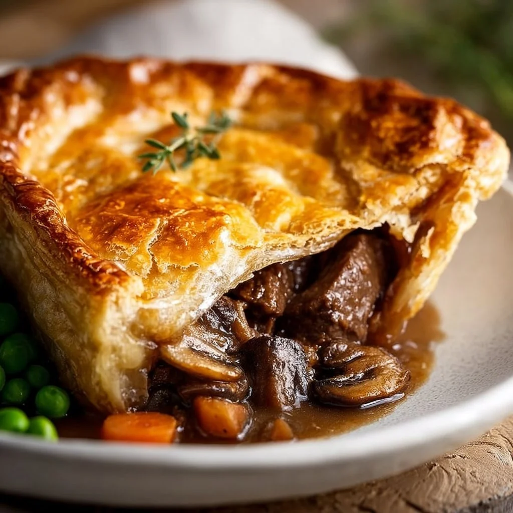 Chunky beef and mushroom pie served on a plate with a golden crust