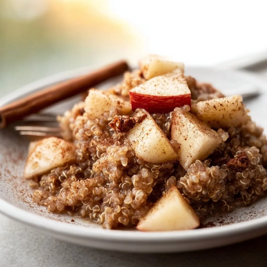 Delicious bowl of Cinnamon Apple Breakfast Quinoa topped with fresh apples and cinnamon