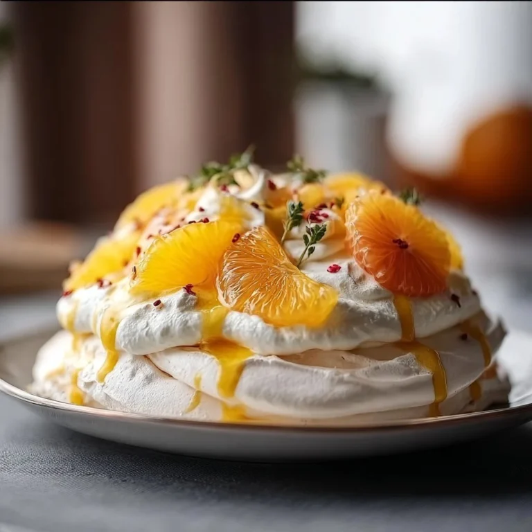 Delicious Citrus Pavlova topped with fresh citrus fruits and whipped cream
