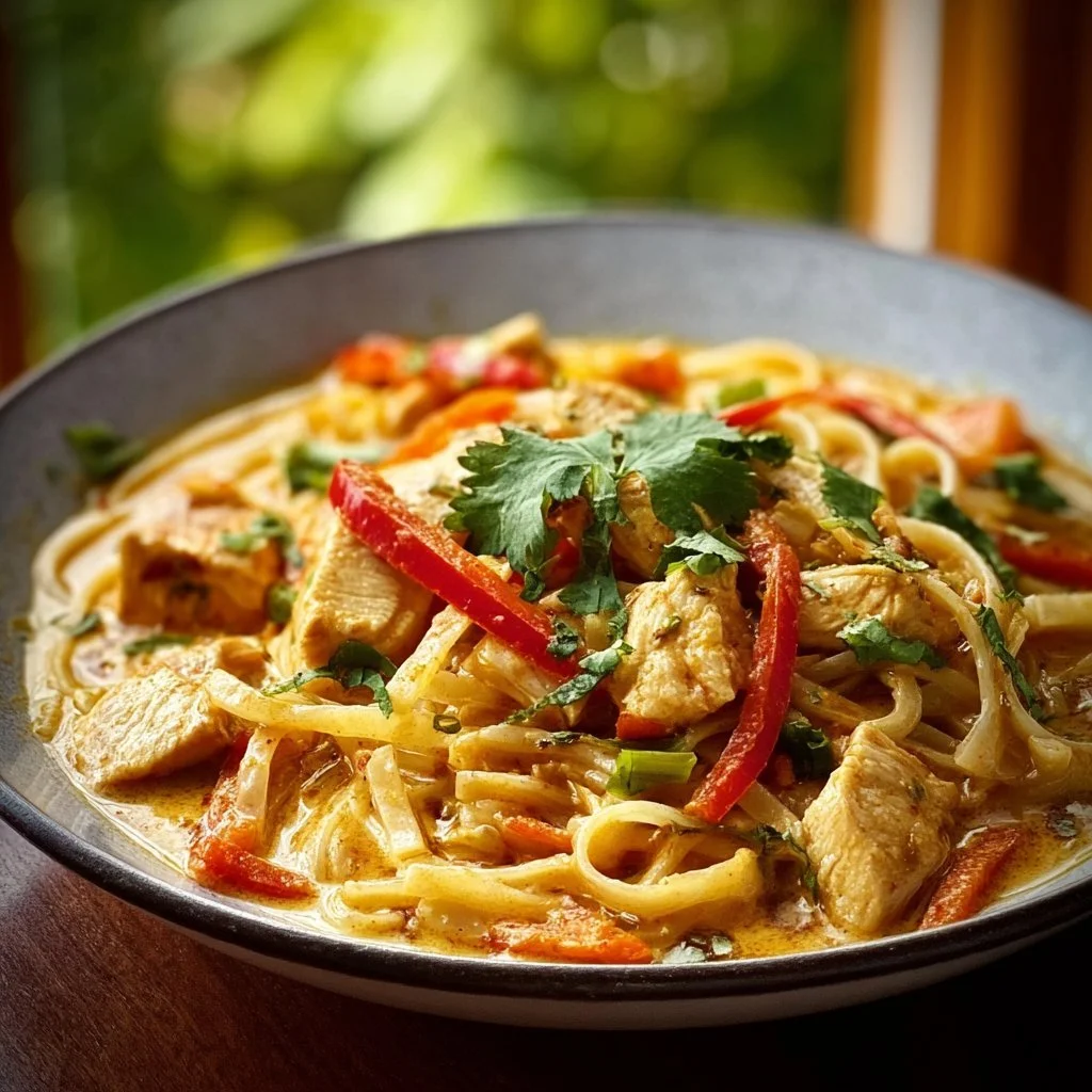 Delicious Coconut Curry Chicken Noodles in a bowl with fresh herbs and spices