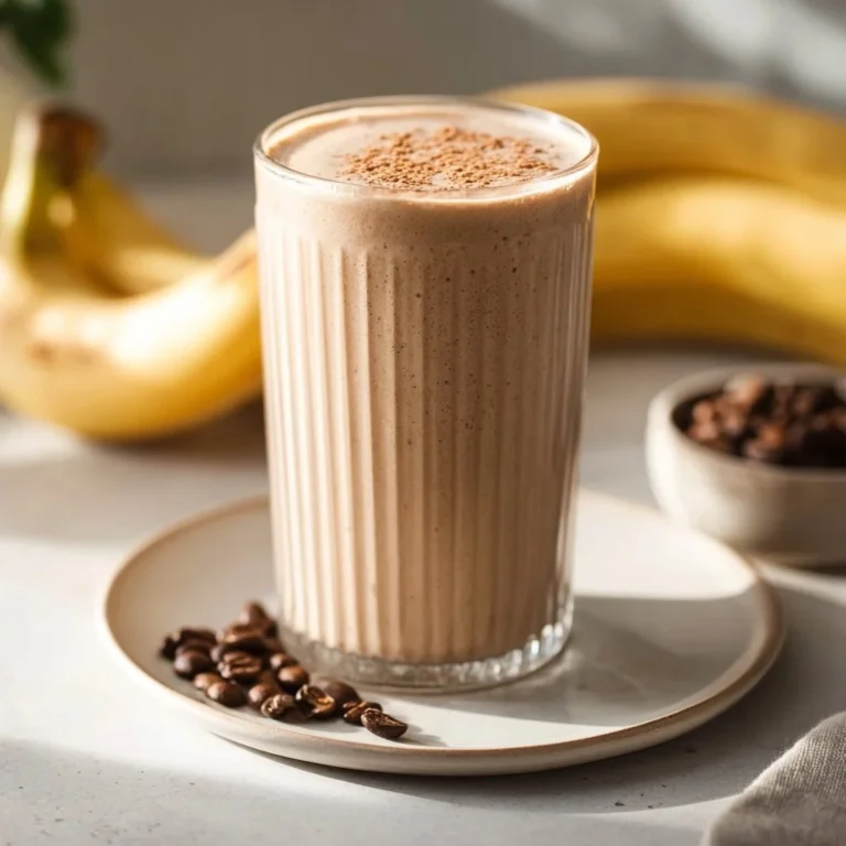 Coffee banana protein smoothie in a glass with a banana and coffee beans