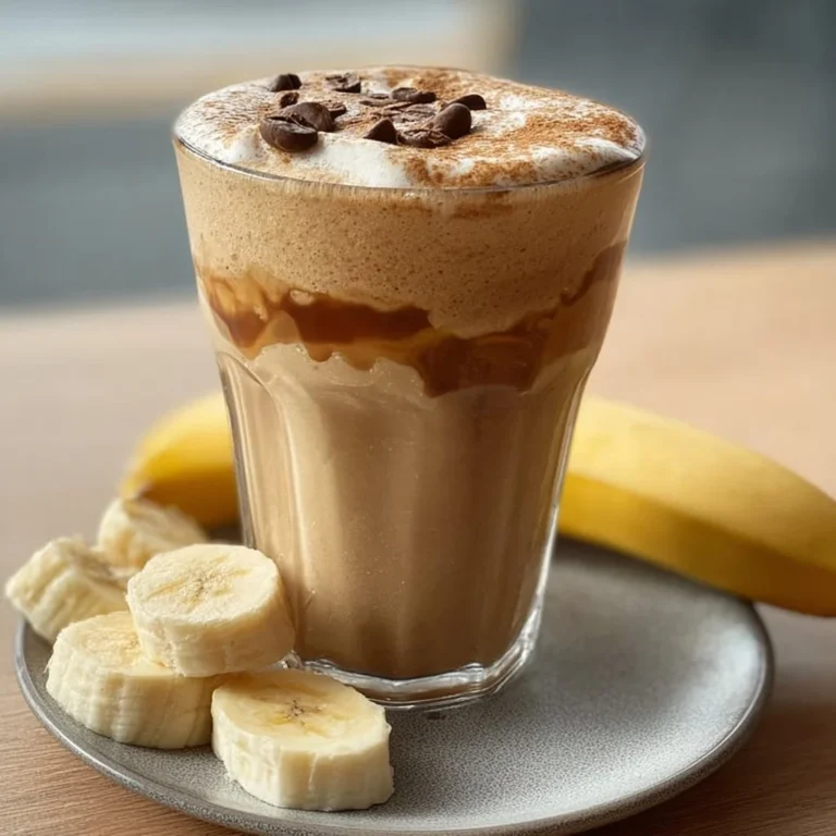 Delicious Coffee Banana Smoothie served in a glass with banana slices on top