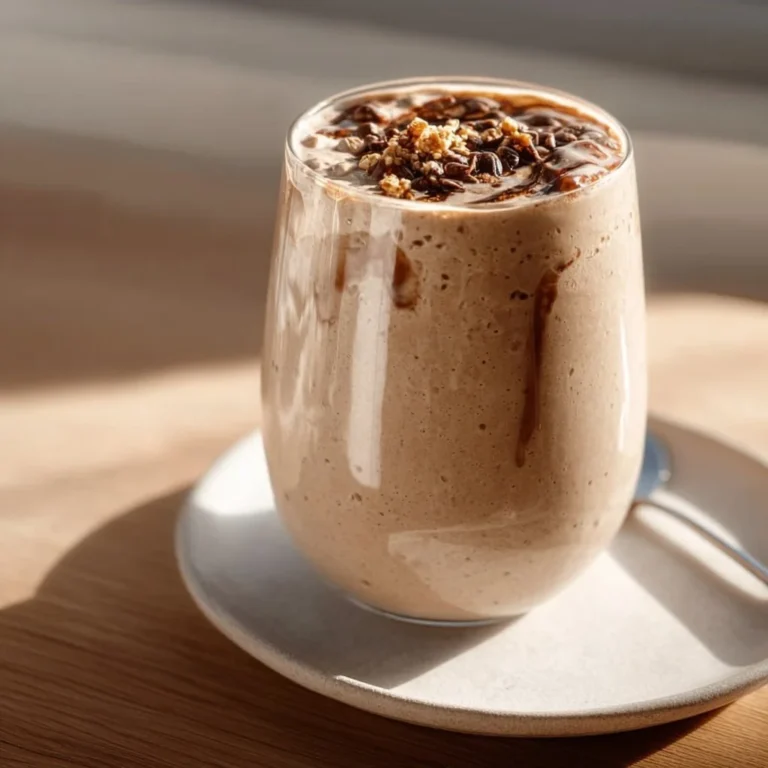 Delicious Coffee Breakfast Smoothie in a glass with coffee beans and oats