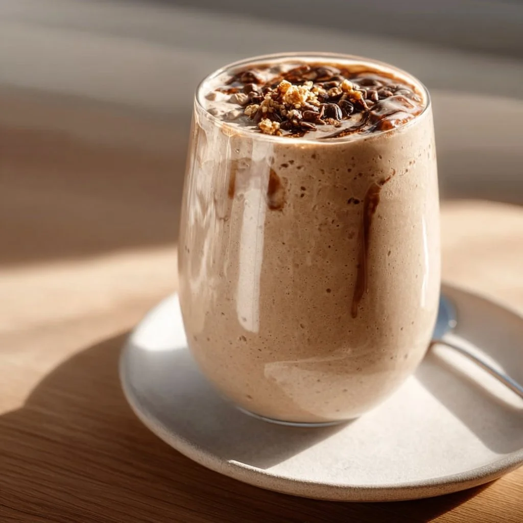 Delicious Coffee Breakfast Smoothie in a glass with coffee beans and oats