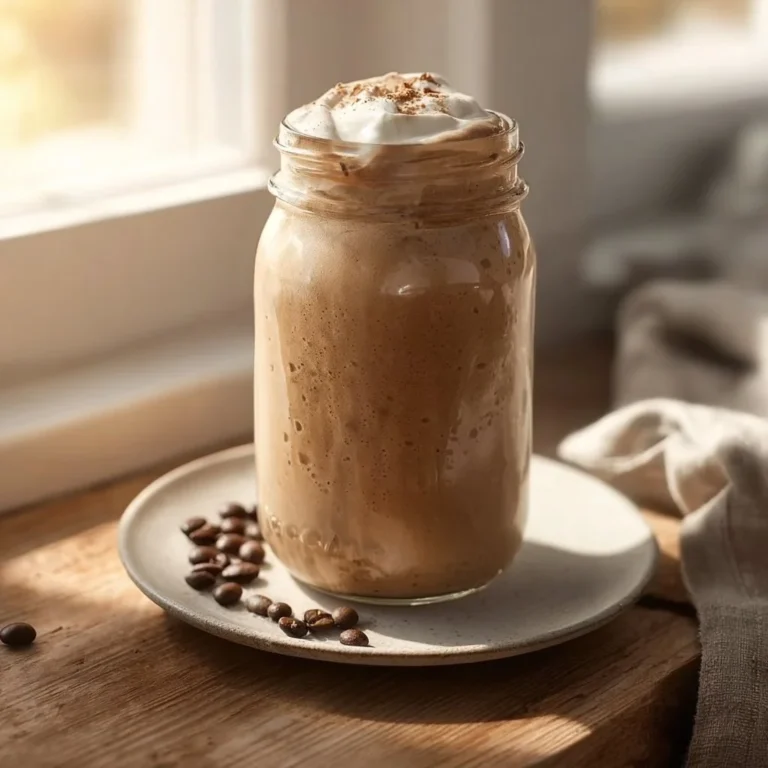 Coffee protein smoothie with yogurt garnished with coffee beans and a banana