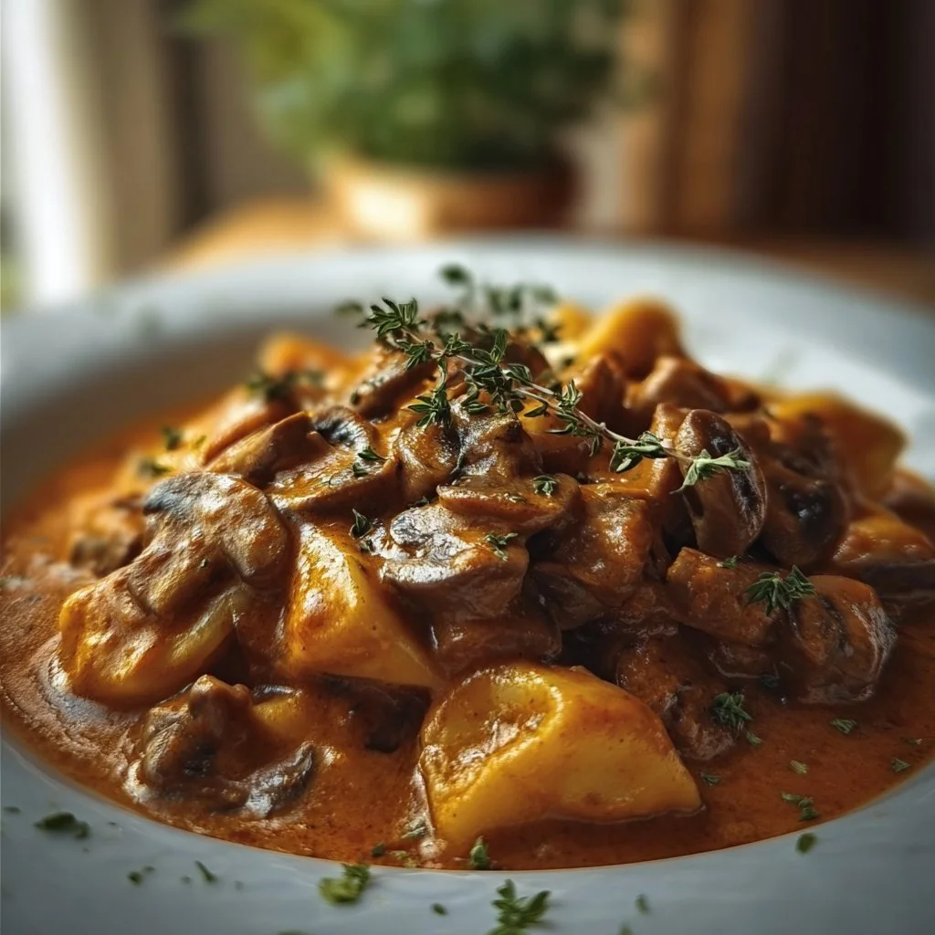 Delicious bowl of Hungarian Mushroom Paprikash topped with fresh herbs