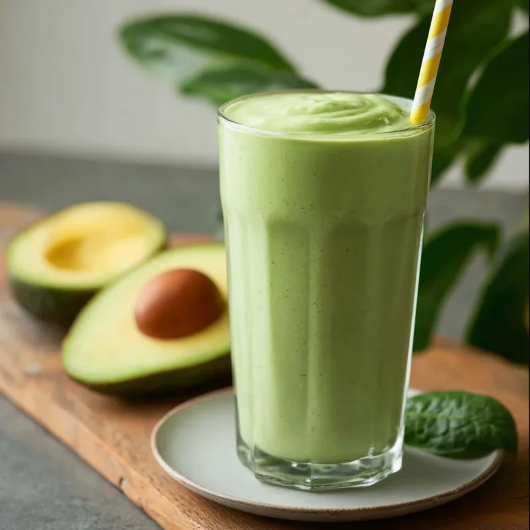 Creamy avocado spinach smoothie in a glass with green garnish