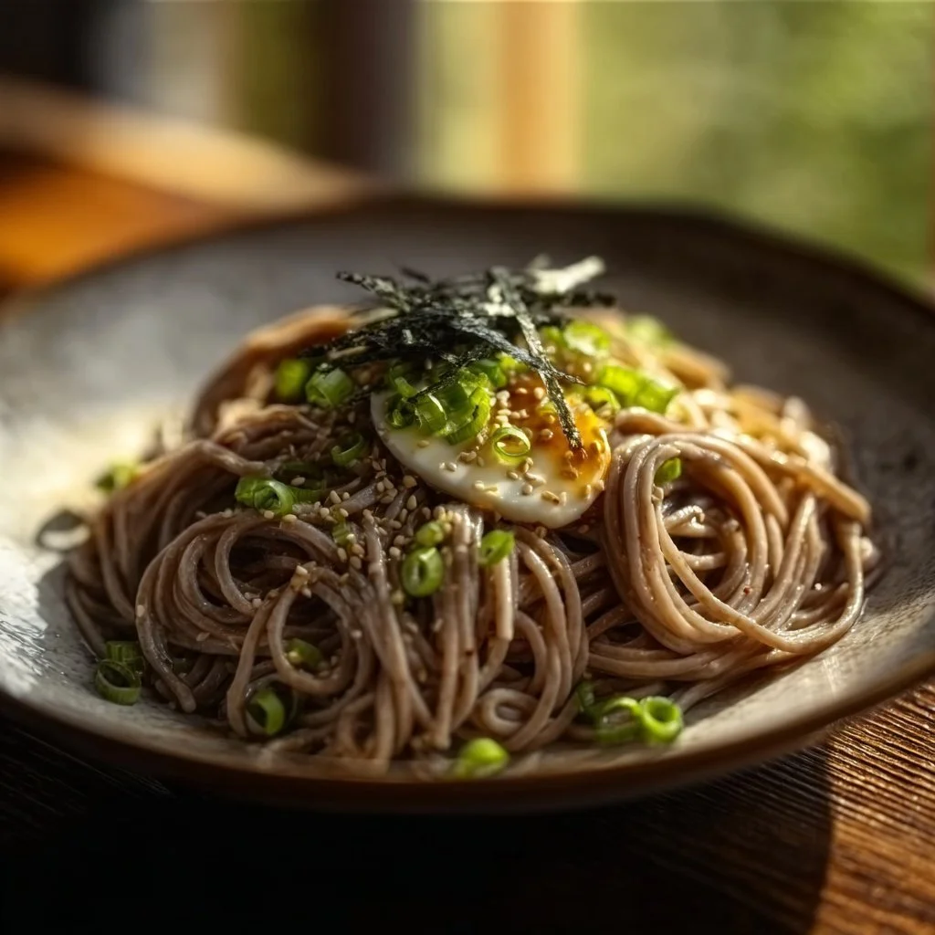 Creamy miso soba noodles topped with fresh vegetables and herbs