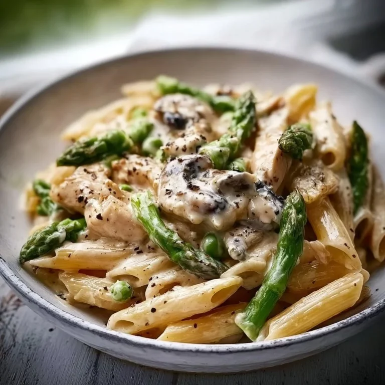 Creamy mushroom and asparagus chicken penne with a sprinkle of herbs