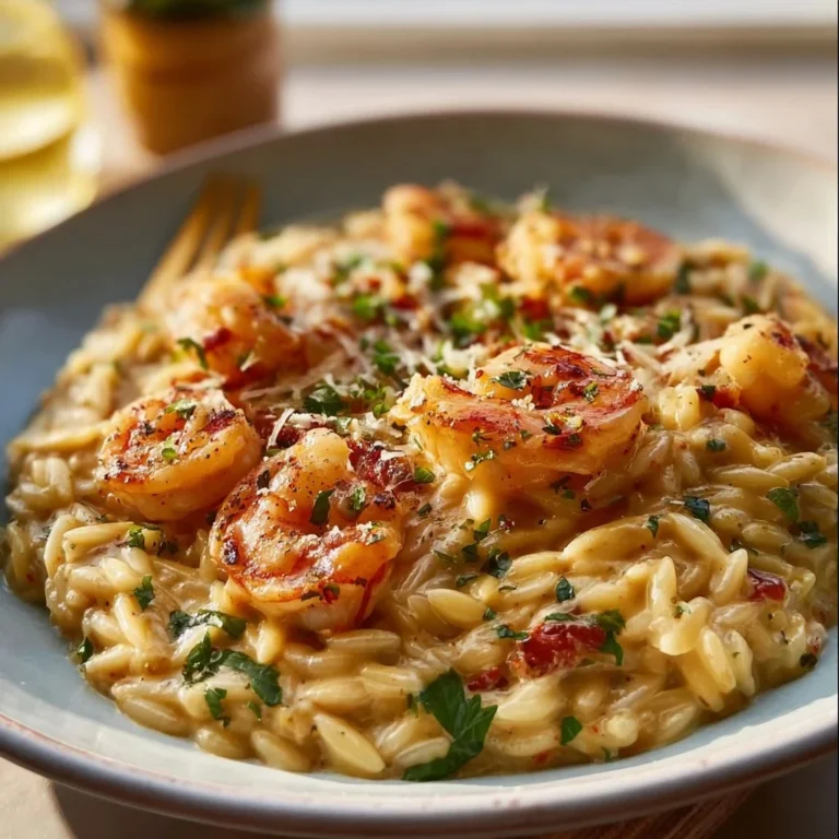 Creamy shrimp orzo served in a bowl, garnished with fresh herbs.