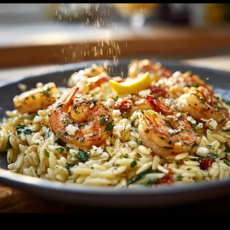 Creamy shrimp orzo with lemon and feta in a bowl