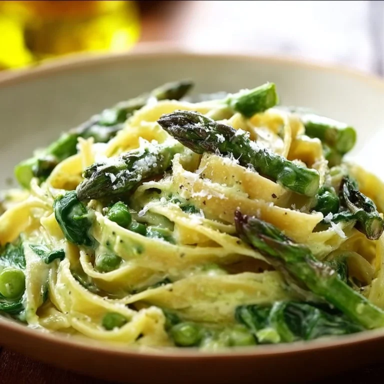 Creamy spinach fettuccine with asparagus served on a plate