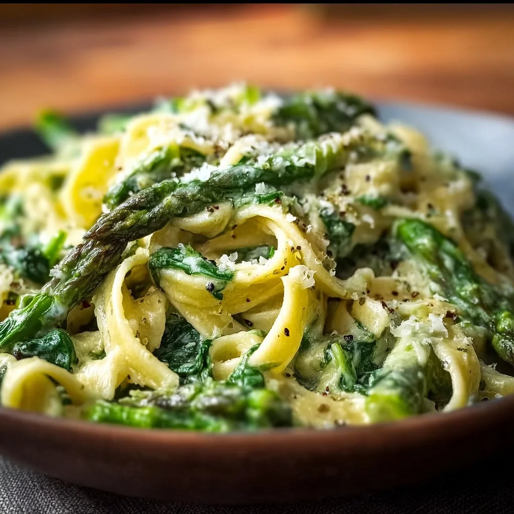 Creamy Spinach and Asparagus Fettuccine