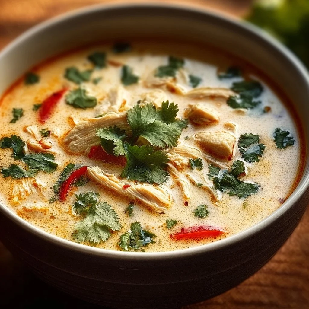 Bowl of Crockpot Thai Coconut Chicken Soup garnished with herbs and lime.