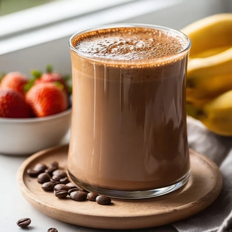 Delicious coffee breakfast smoothie served in a glass with coffee beans
